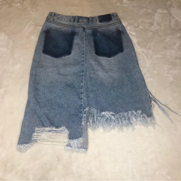 Zara Distressed Front Zip Midi Aysemetrical Denim Jean Skirt Size Small - Picture 11 of 16